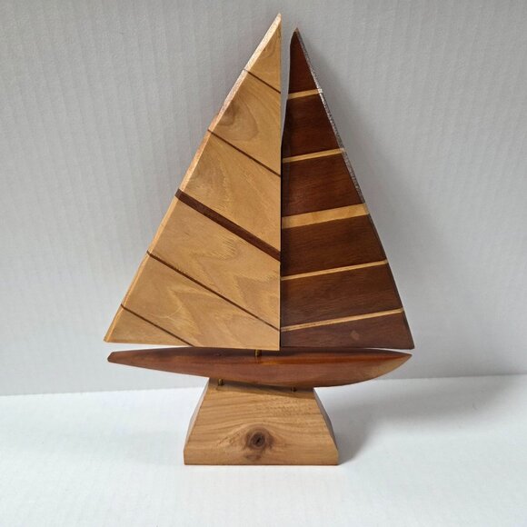 Handmade Striped Wood Sailboat Sculpture Nautical Beach Decor - Picture 3 of 6